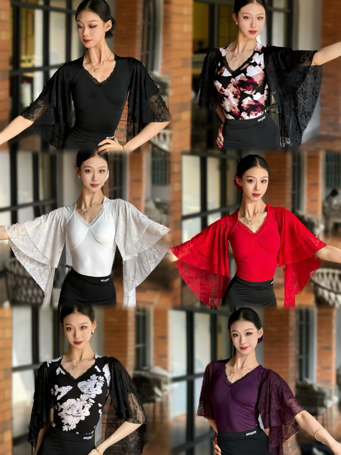 Luoyi摩登舞服蕾丝短袖飘袖上衣印花黑白红紫色连体衣练舞表演女