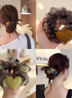 橙色爱心碎花大肠发圈女气质发绳低丸子头头绳慵懒感扎高马尾头饰