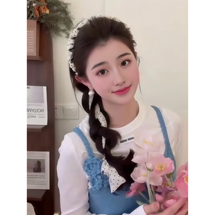 白色波点飘带齿梳波浪发箍女高颅顶头箍编发丝带绑发带蝴蝶结头饰