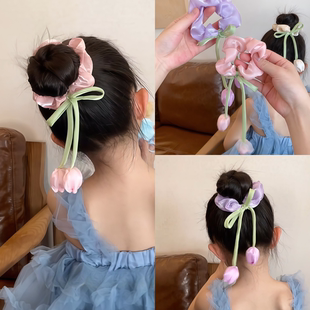女童郁金香飘带大肠发圈女高级感发绳皮筋扎马尾气质头绳花朵头饰