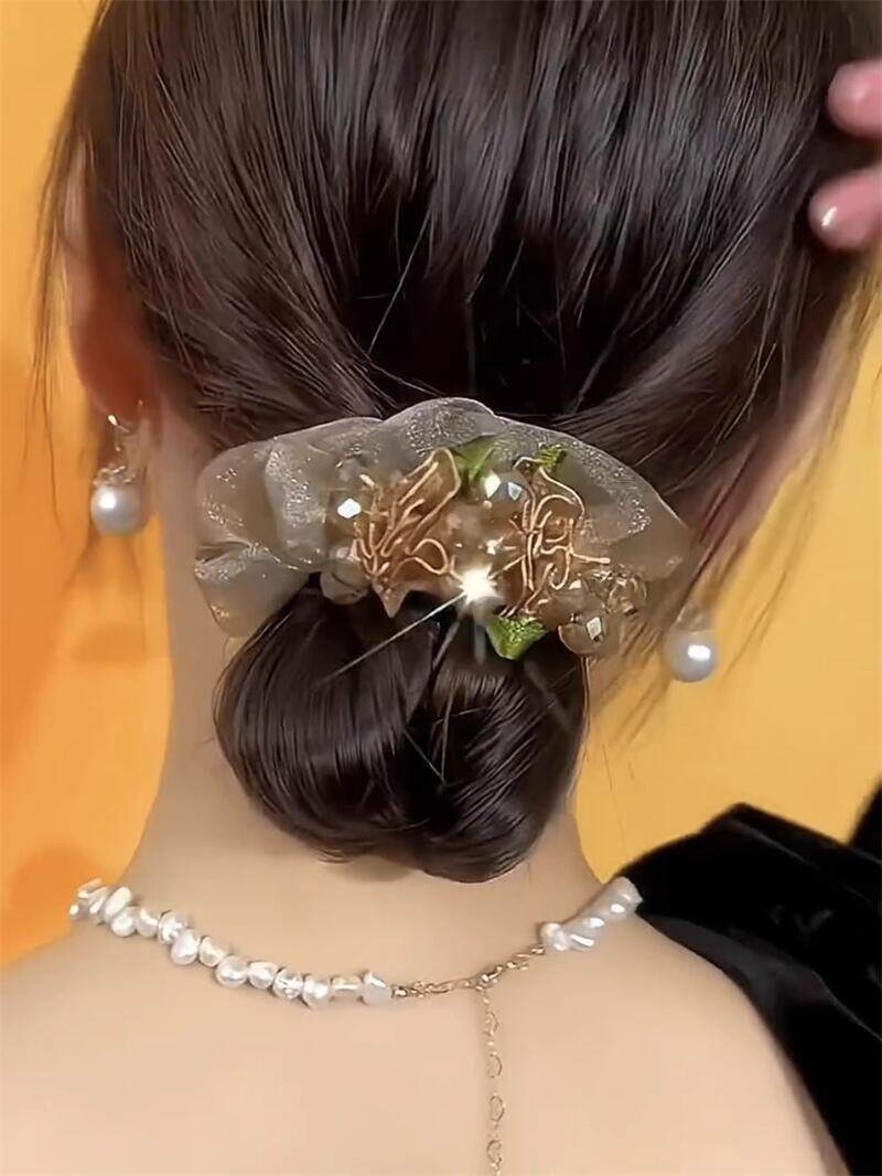 轻奢网纱簪花水钻晶晶大肠发圈女扎头高弹力橡皮筋低马尾皮套头绳