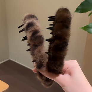 韩系复古豹纹带齿毛绒发箍女款 洗脸发卡高颅顶发饰头箍2024年秋冬