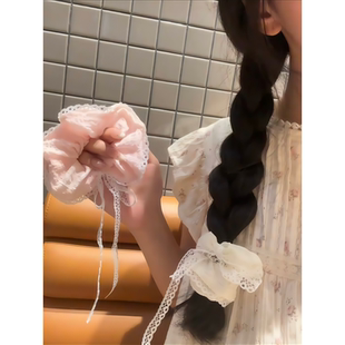 韩系粉色蝴蝶结大肠发圈女高级感白色丝带蕾丝飘带发绳皮筋头花