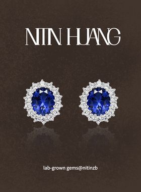 NITIN HUANG霓町培育蓝宝石耳钉戴妃同款围镶耳钉时尚原创高级感