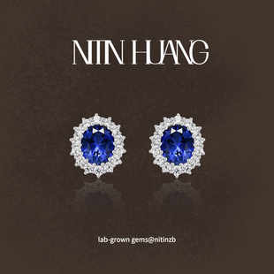 原创高级感 围镶耳钉时尚 NITIN HUANG霓町培育蓝宝石耳钉戴妃同款