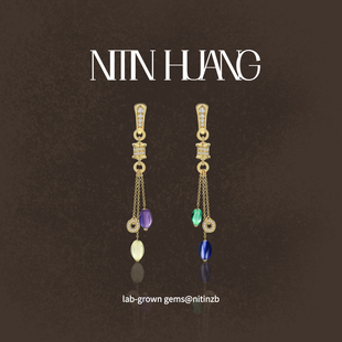 通体925纯银镀金 复古培育吊胆彩色宝石流苏耳坠 NITIN HUANG