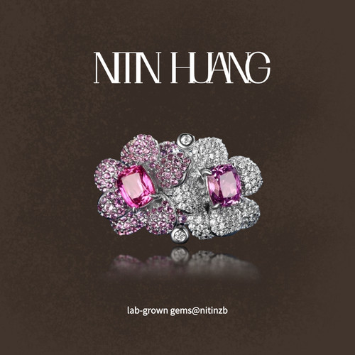 【关注立减】NITIN HUANG双花满镶紫粉双色培育蓝宝石渐变戒指