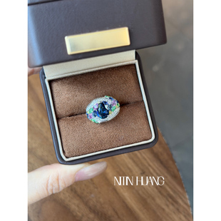 培育蓝宝石戒指彩色蓝宝石群镶戒指通体925 花园系列 NITIN HUANG