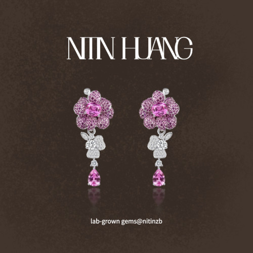 【关注立减】NITINHUANG双花满镶紫粉双色培育蓝宝石渐变色耳坠