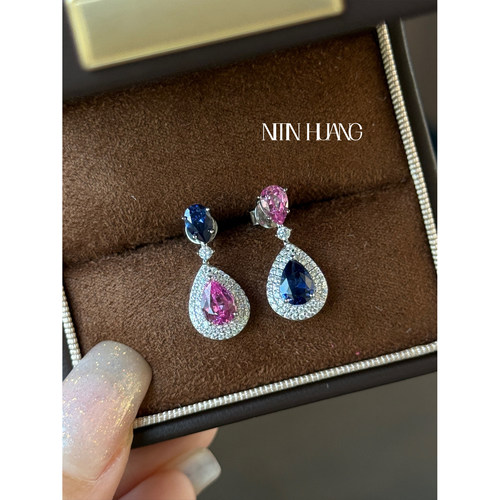 NITIN HUANG2.5克拉培育蓝宝石撞色耳钉通体925纯银镀真金