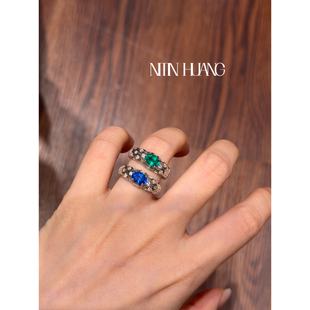 NITIN HUANG 培育矢车菊祖母绿高级时尚戒指 戒指通体925银镀真金