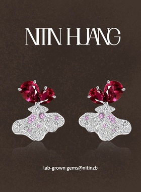 NITIN HUANG培育鸽血红宝石蝴蝶结耳钉925纯银镀真金蝴蝶耳钉