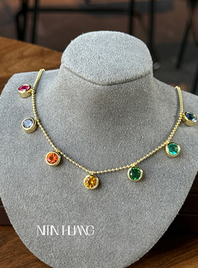 NITIN HUANG培育蓝宝石新中式七龙珠复古彩色套链通体925纯银时尚