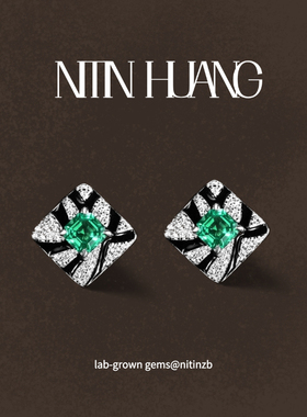 NITINHUANG  通体925纯银 培育祖母绿50分 斑马纹法琅釉耳钉