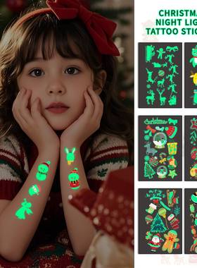 跨境新款圣诞节夜光纹身贴儿童卡通防水汗派对节日绿色夜光贴纸