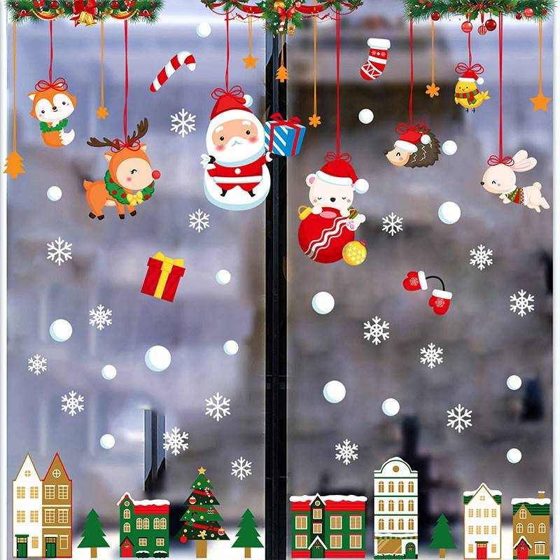 跨境亚马逊新品墙纸自粘不规则圣诞老人雪花铃铛袜子圣诞壁纸自粘