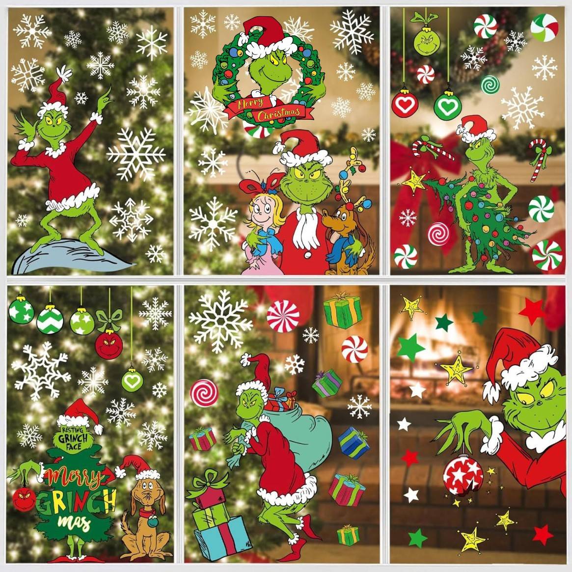 跨境圣诞节雪花窗贴橱窗玻璃节日圣诞格林奇贴纸静电贴墙贴墙纸