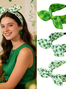 跨境爱尔兰节绿色三叶草发箍圣帕特里克节蝴蝶结头箍派对节日发饰