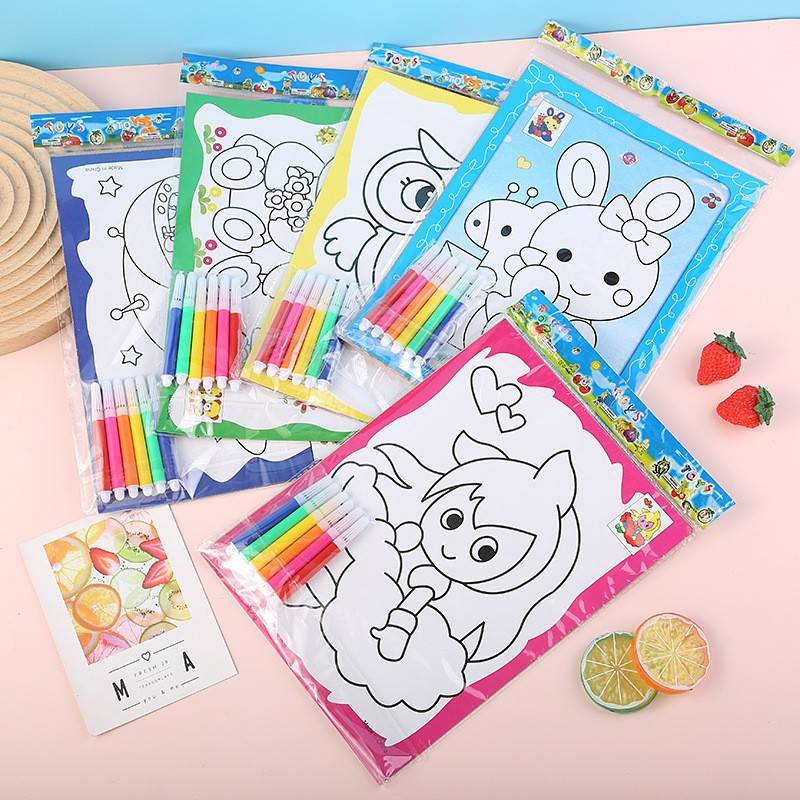 6支笔涂鸦画儿童填色画卡通水彩画幼儿园手工diy制作地摊画画