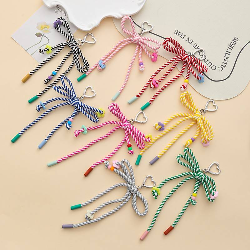 新款糖果色涤纶编织蝴蝶结钥匙扣时尚女包挂饰diy串珠尼龙绳结