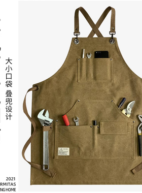 日式定制logo印字无袖罩衣咖啡师围裙奶茶店防水防污背带款工作服