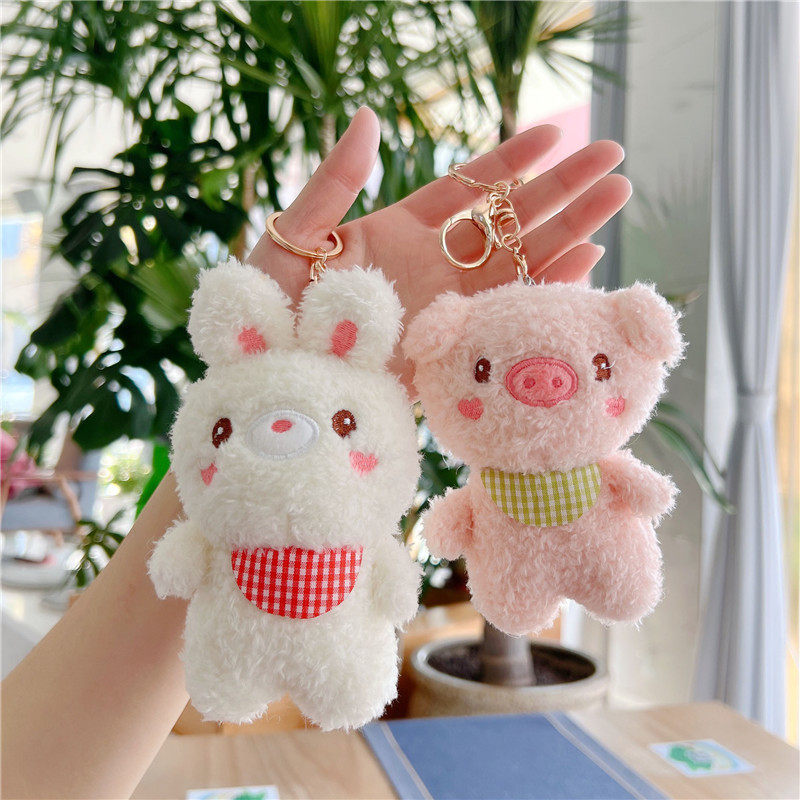 격자 무늬 스카프 병아리 인형 펜던트 곰 토끼 돼지 플러시 장난감 인형 동물 키 체인 배낭 펜던트