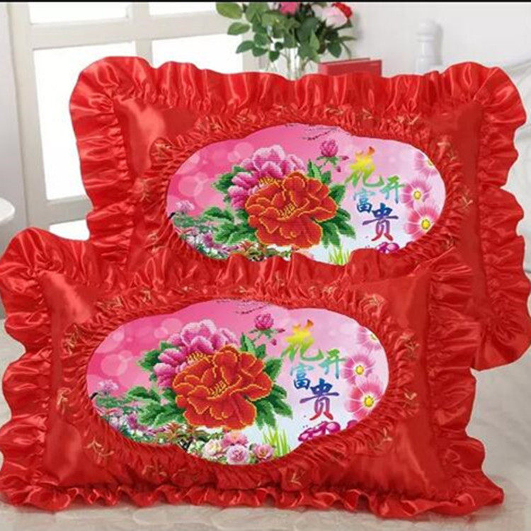 十字绣5D印花抱枕贡缎单人枕喜庆情侣结婚枕套新款卧室一对包邮