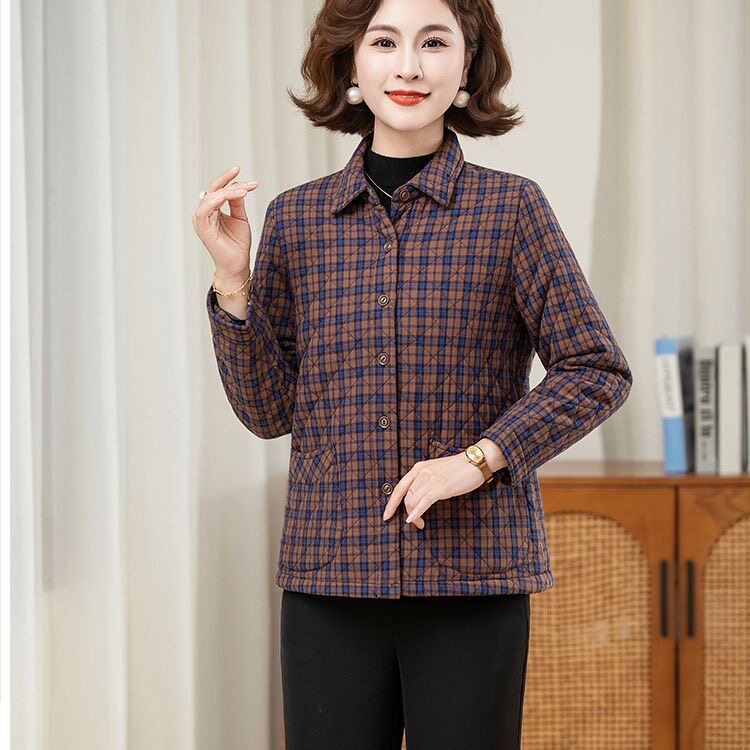 中老年女秋装夹棉衬衫外套老太太加绒格子上衣奶奶宽松衣服妈妈装