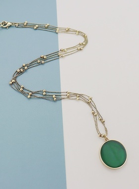 LK欧美复古绿色圆牌双层项链精致时尚百搭个性简约vintage