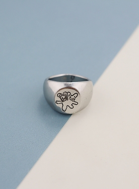 H欧美银色复古做旧小熊戒指时尚百搭个性指环ins金属友谊泰迪熊