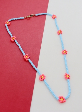 RA蓝色米珠小雏菊串珠项链时尚百搭个性锁骨链
