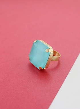 RA美国小众海蓝色镀金方形宝石戒指指环时尚ins网红女