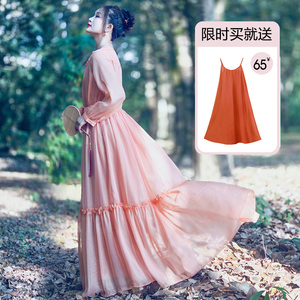 气质大摆连衣裙女V领设计感长裙