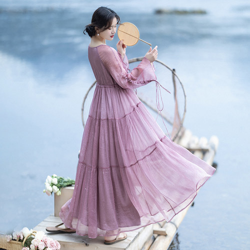 复古纯色大摆连衣裙女春季浪漫裙