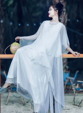 【雨丝纱衣】白色方领不规则无袖背心裙荷叶边披肩女2025夏季两件