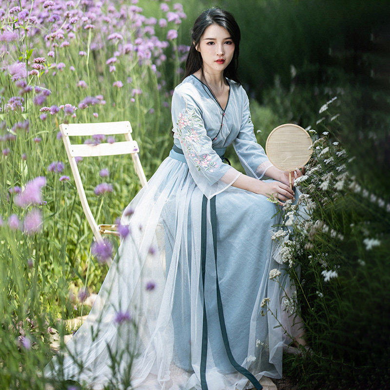 棉麻记【青青子衿】改良汉服长裙2025新款国风连衣裙女夏刺绣裙子