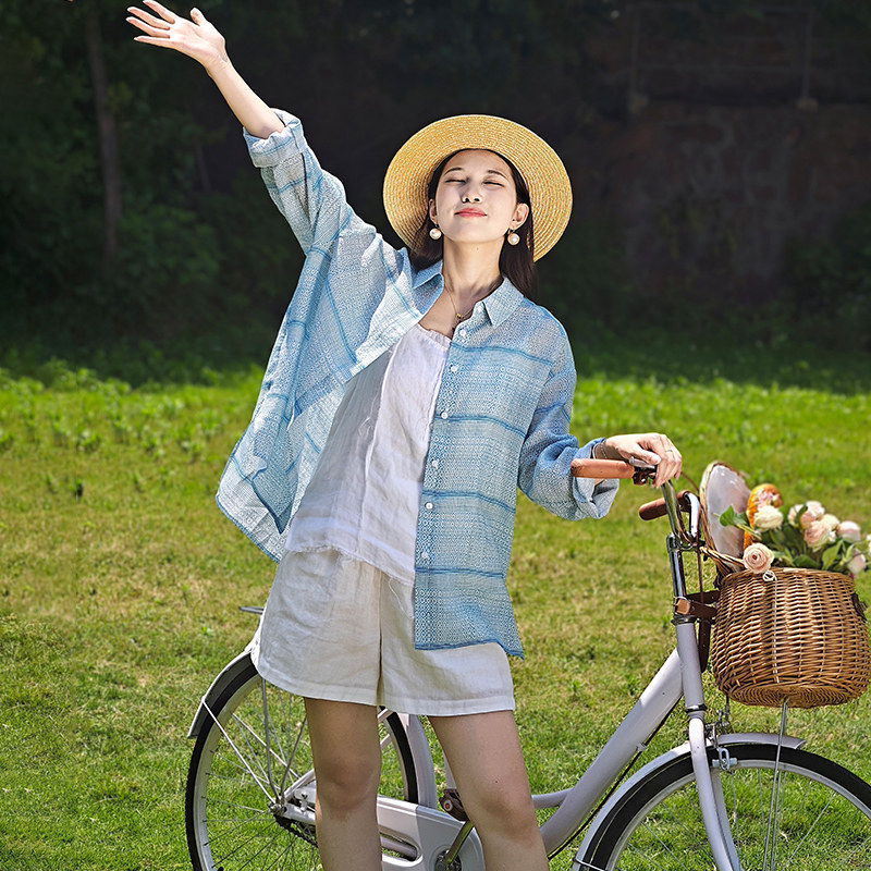 忆旧蓝条纹开衫女夏苎麻防晒上衣