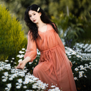 新款 粉色雪纺连衣裙女春夏季 收腰套头V领大摆型长裙 祈愿 现货