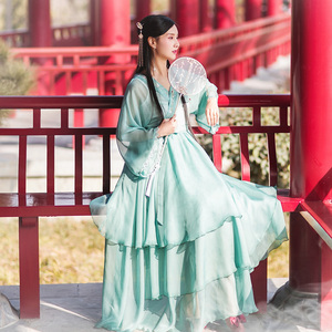 【特惠】汉服领刺绣连衣裙长裙女春夏季系带收腰不规则下摆绿裙子