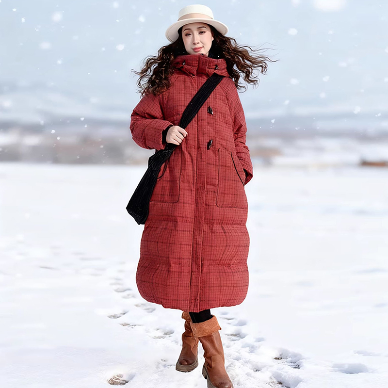 【安然向暖】白鸭绒防风厚实外套中长款红格子连帽羽绒服女士冬季