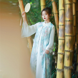【薄荷春】新中式国风旗袍领连衣裙女夏季白色长裙蓝色开衫两件套