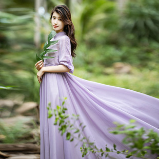 区 蕾丝拼接长裙女早春新款 紫色气质裙子高腰雪纺连衣裙 158元