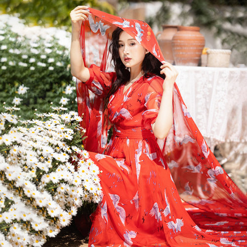 雪纺印花大摆型连衣裙女夏季
