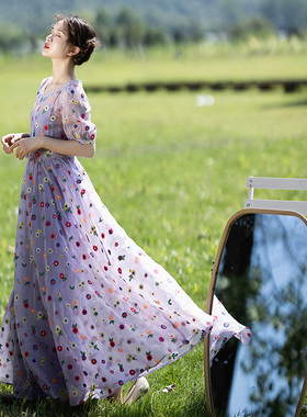 棉麻记【落花人】碎花连衣裙女春夏季2025新款泡泡袖长裙紫色裙子