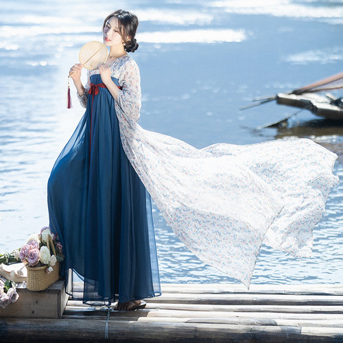 复古印花系带襦裙女春季蓝裙子