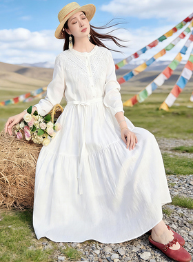 【谷间听风】复古亚麻连衣裙女春季精致蕾丝花边流苏白色收腰长裙