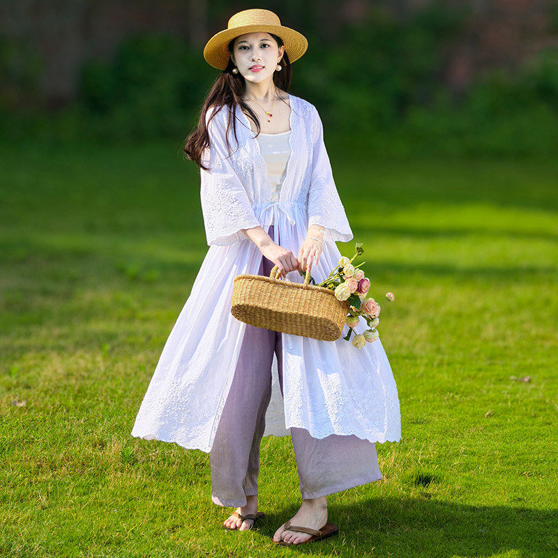 文艺纯棉刺绣衬衫女夏季白色开衫