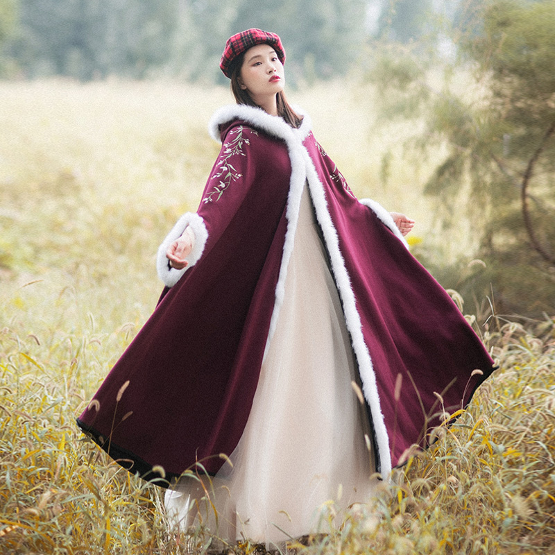 风衣外套复古连帽斗篷毛领保暖