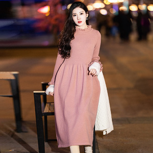 棉麻记多色针织连衣裙女加厚2025秋季新款荷叶边毛衣裙打底裙内搭