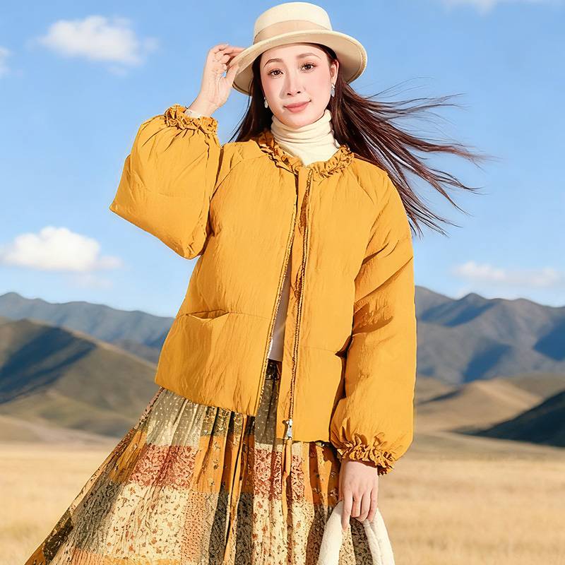 【冬日暖阳】复古原创短款羽绒服女2025冬季花边领轻薄保暖厚外套